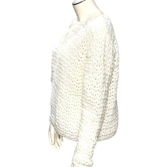 CCC Handmade White Crochet Cardigan Sweater Long Sleeve Open Front Cozy Warm Med - Picture 2 of 6